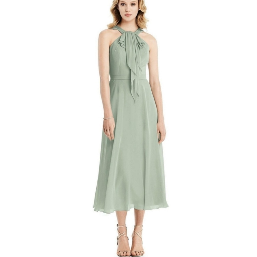 NWT Jenny Packham Chiffon Ruffle Halter Midi Dress Willow